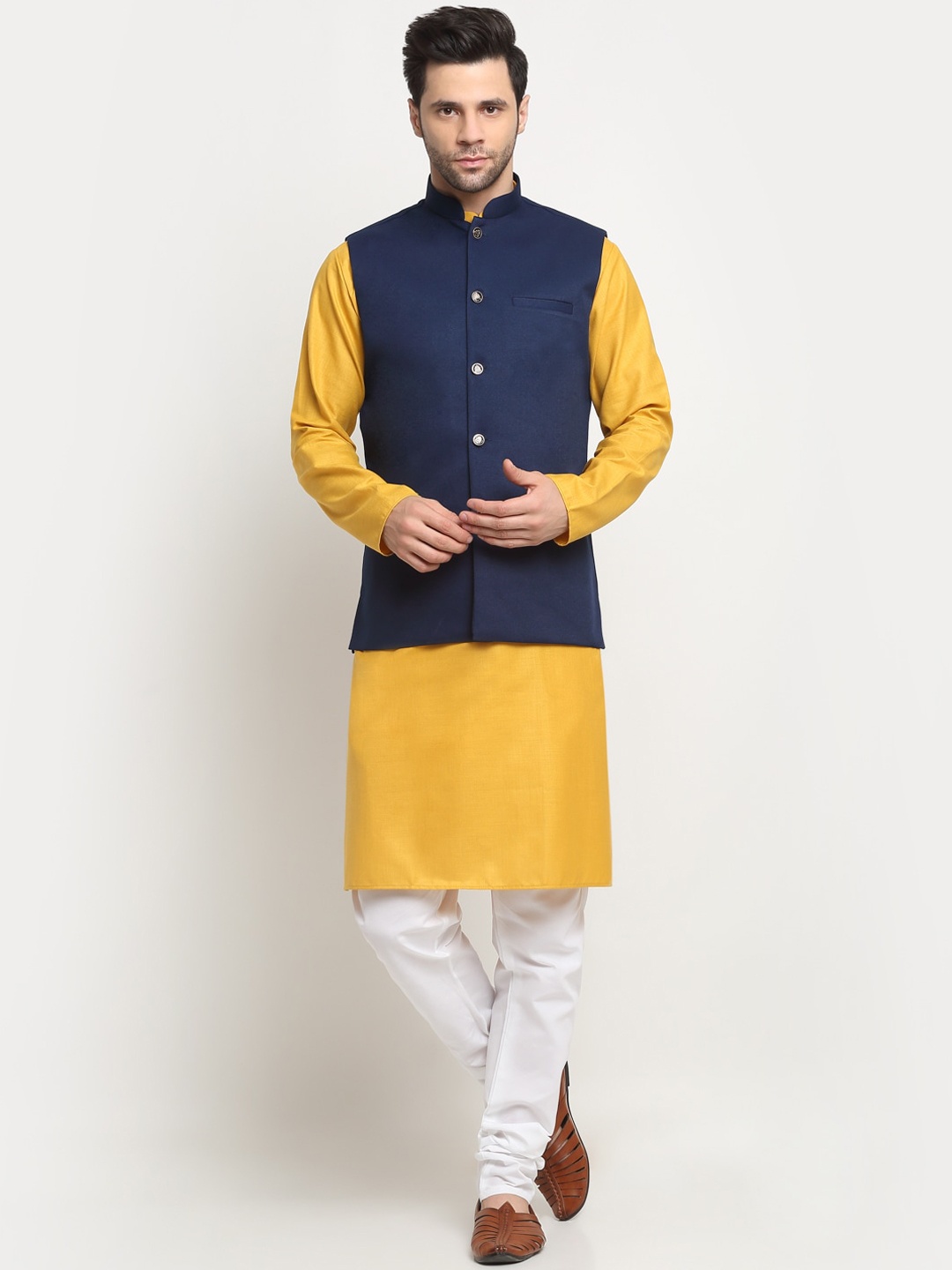 

KRAFT INDIA Mandarin Collar Kurta With Churidar & Nehru Jacket, Mustard