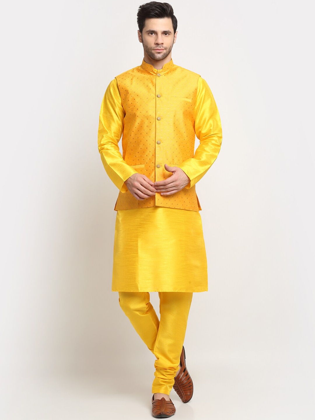 

KRAFT INDIA Men Regular Pure Silk Kurta & Churidar With Nehru Jacket Set, Yellow