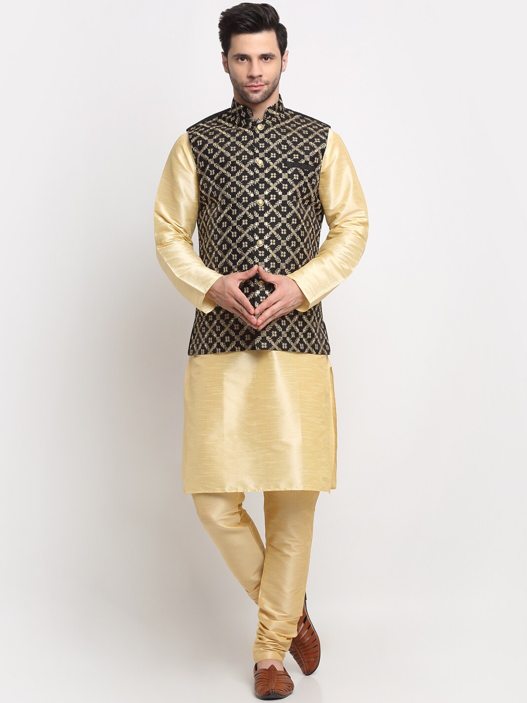 

KRAFT INDIA Straight Pure Silk Kurta & Churidar With Nehru Jacket, Beige