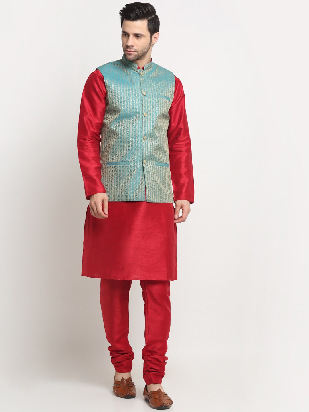 

KRAFT INDIA Straight Pure Silk Kurta & Churidar With Nehru Jacket, Maroon