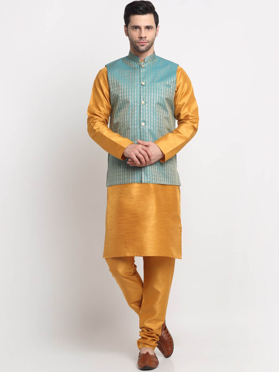 

KRAFT INDIA Regular Pure Silk Kurta With Churidar & Nehru Jacket, Mustard