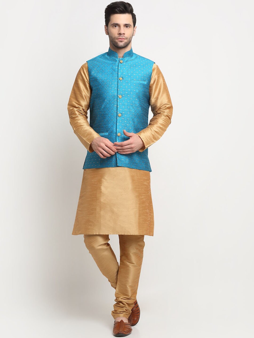 

KRAFT INDIA Mandarin Collar Pure Silk Kurta with Churidar, Gold