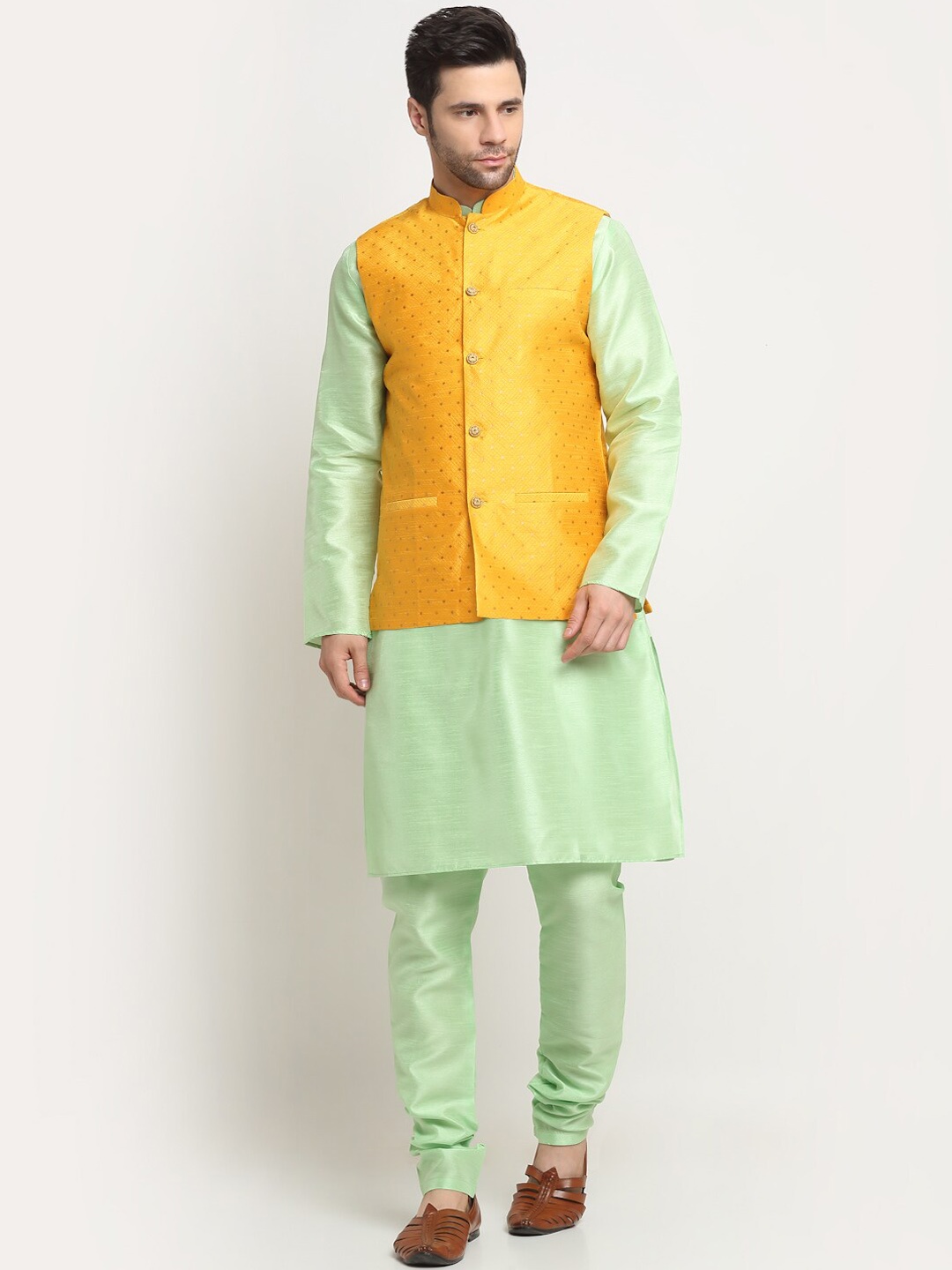 

KRAFT INDIA Men Regular Pure Silk Kurta with Churidar and Nehru Jacket, Sea green