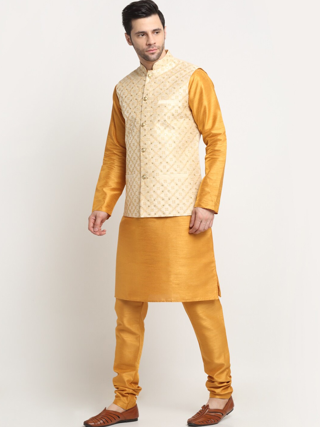 

KRAFT INDIA Straight Pure Silk Kurta With Churidar & With Nehru jacket, Mustard