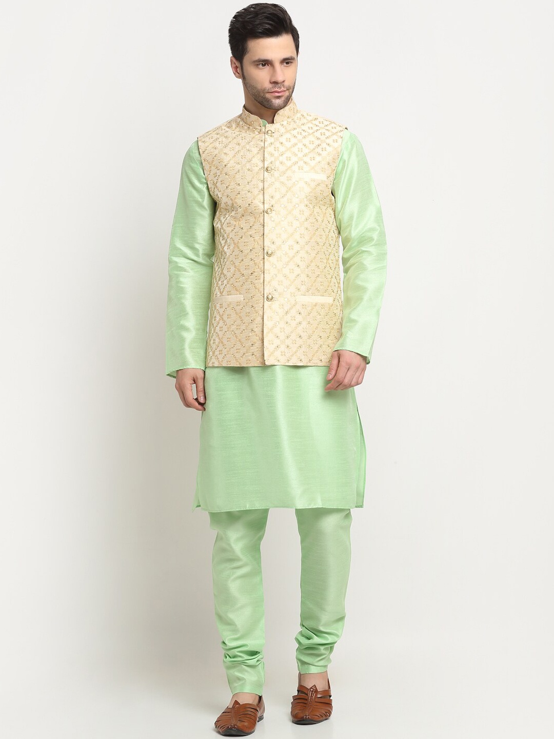 

KRAFT INDIA Straight Pure Silk Kurta with Churidar & Nehru Jacket, Sea green