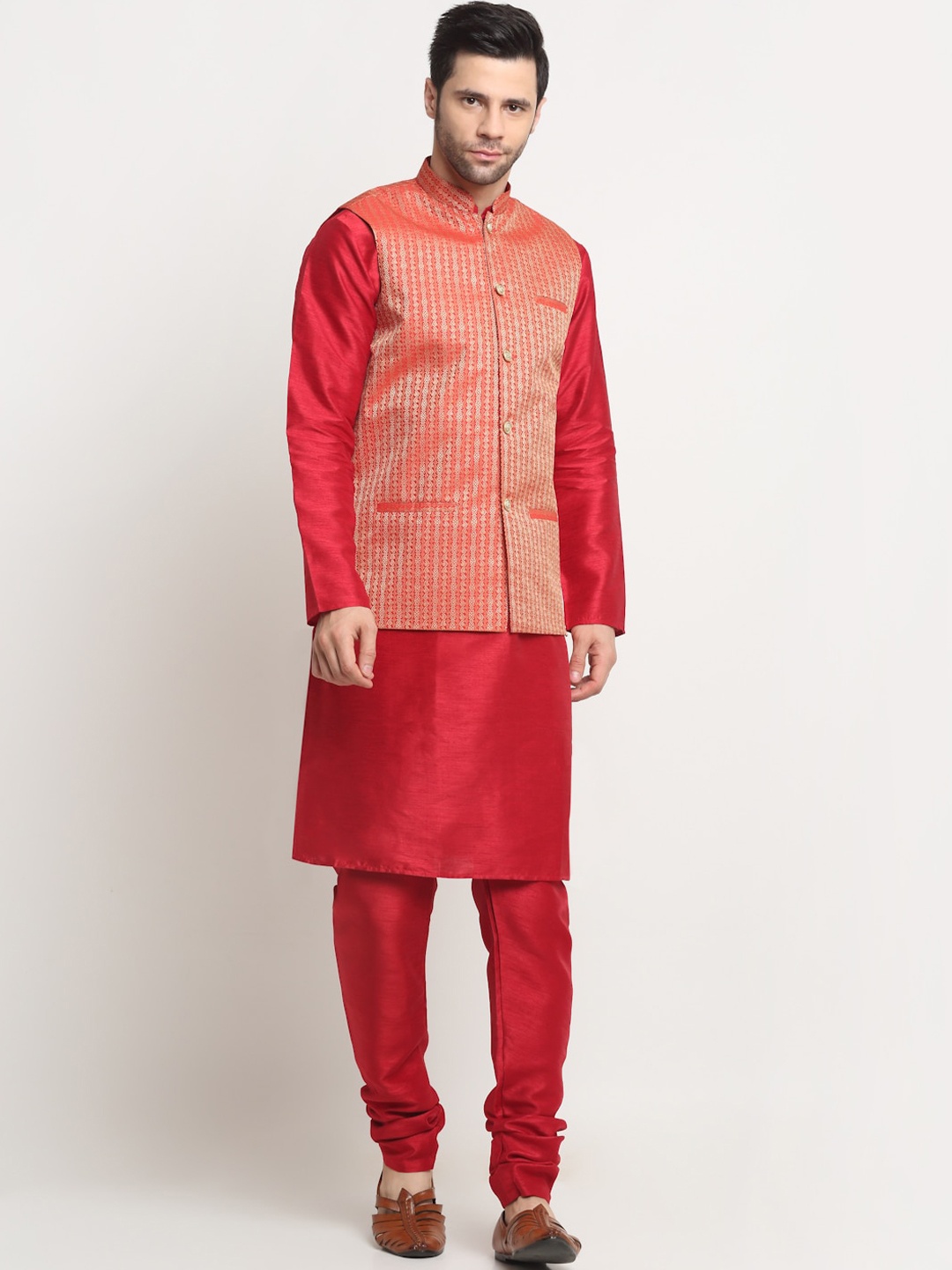 

KRAFT INDIA Pure Silk Straight Kurta With Churidar And Woven Design Nehru Jacket, Maroon