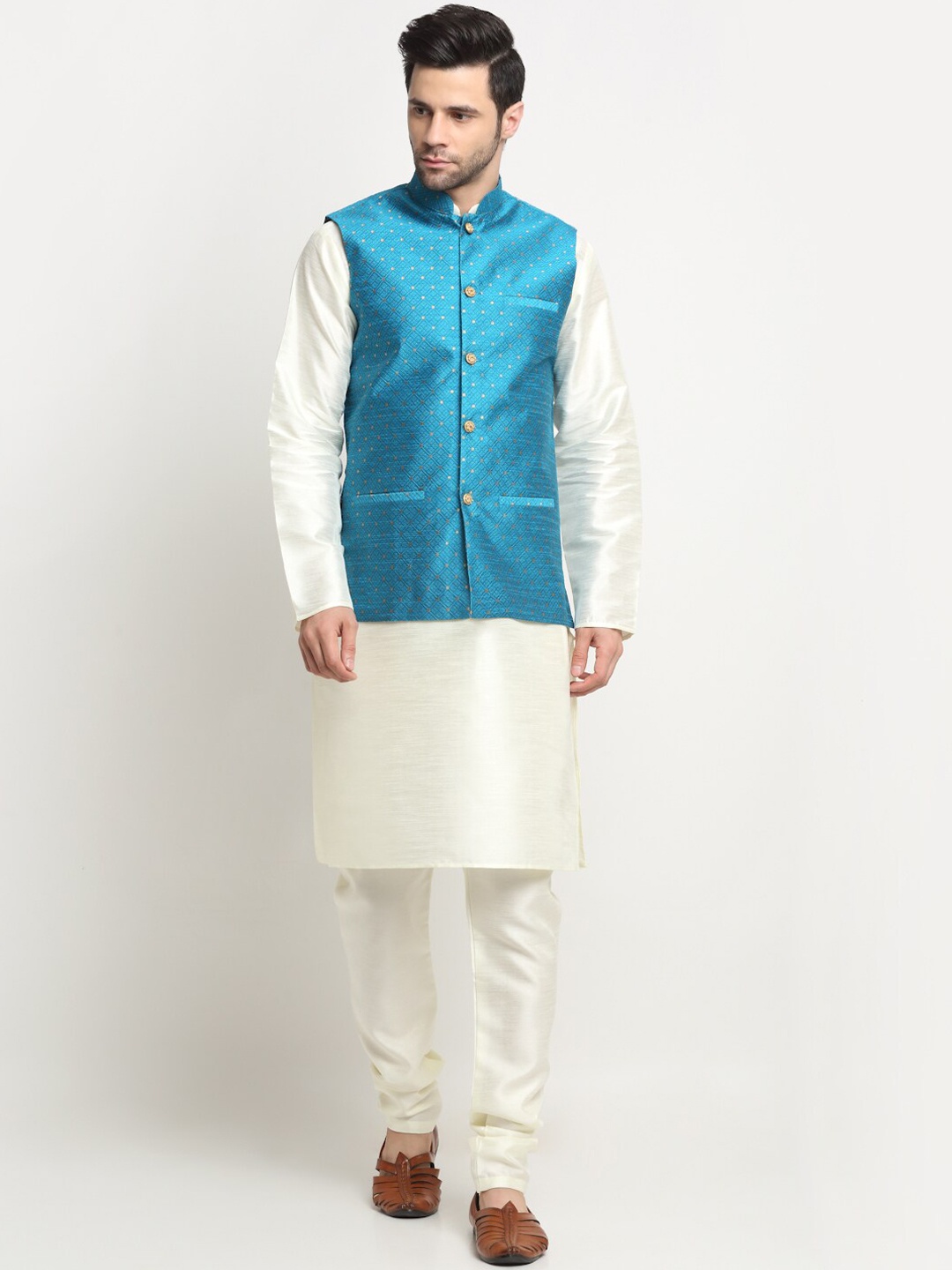 

KRAFT INDIA Regular Pure Silk Kurta With Churidar & Nehru Jacket, White