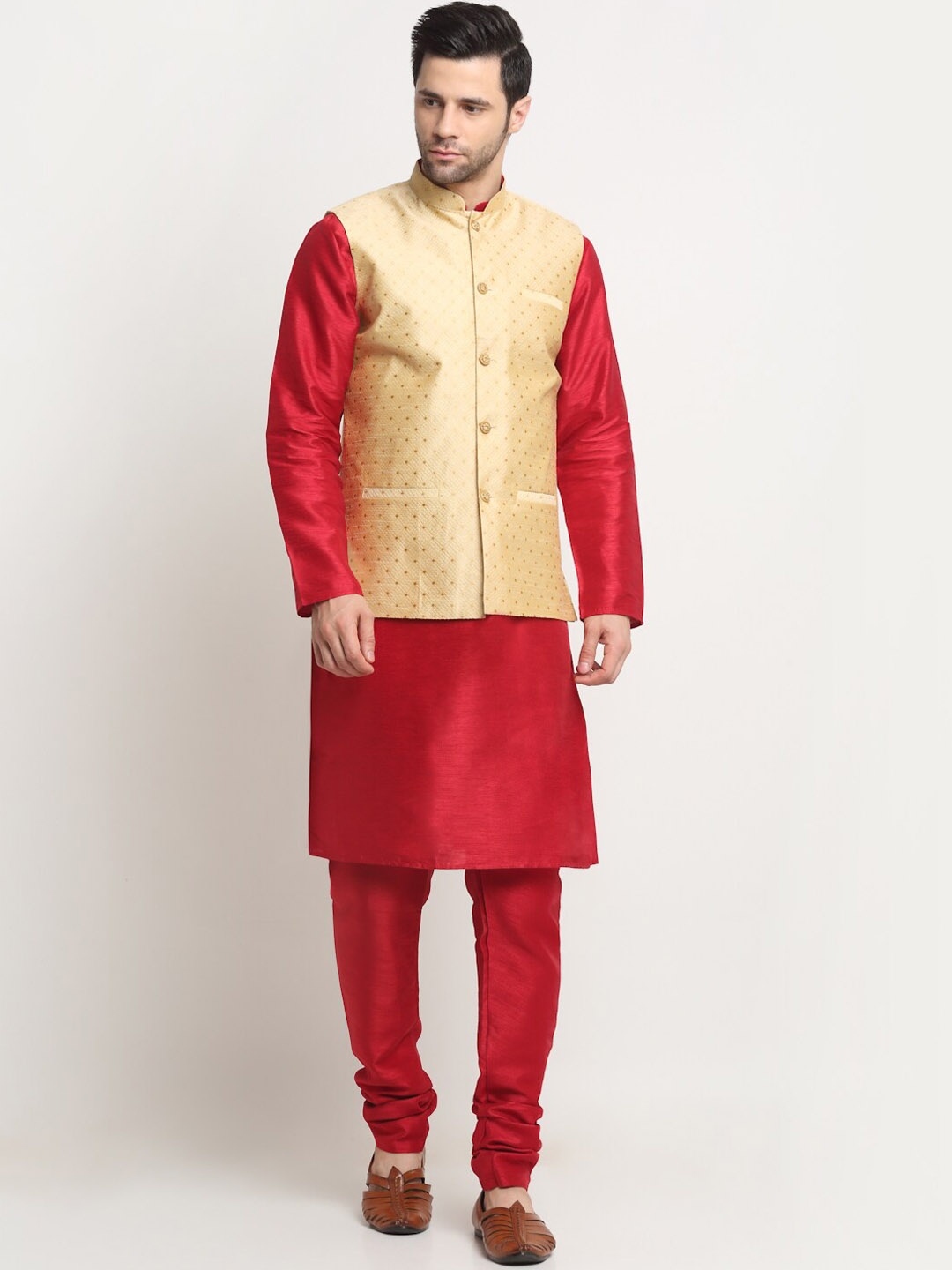 

KRAFT INDIA Woven Design Pure Silk Kurta with Churidar & Nehru Jacket, Maroon