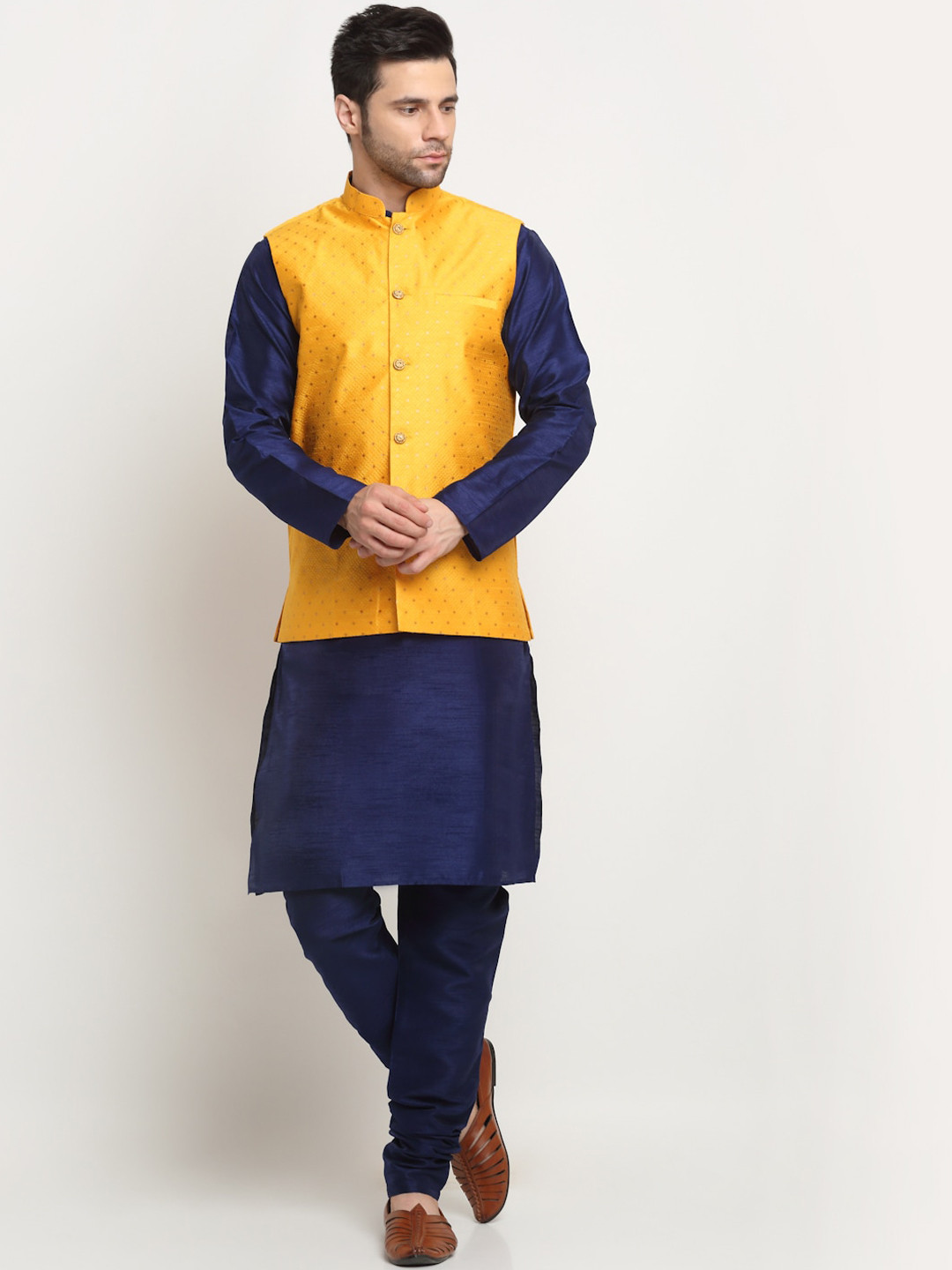 

KRAFT INDIA Woven Design Pure Silk Kurta with Churidar & Nehru Jacket, Navy blue