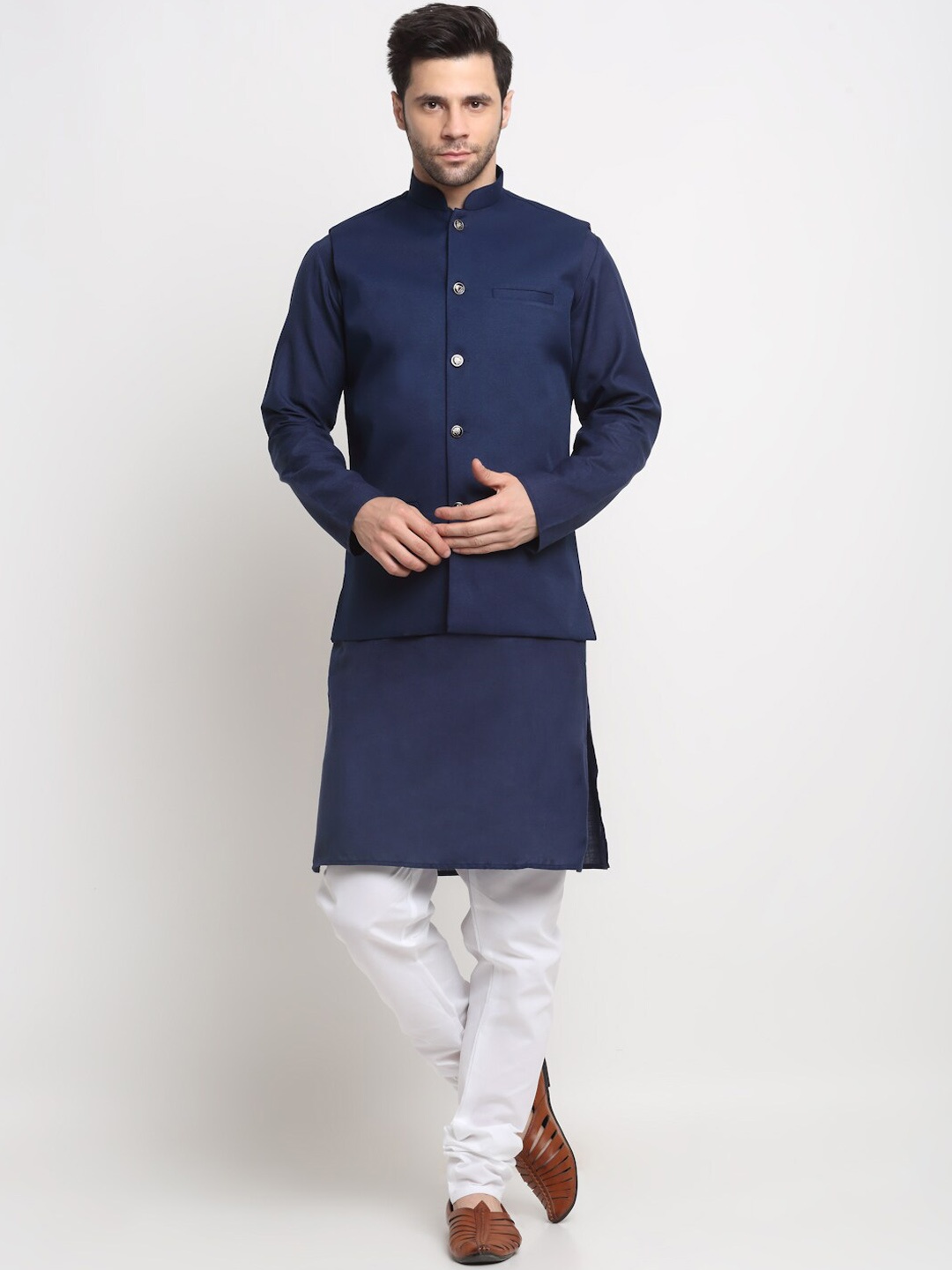 

KRAFT INDIA Mandarin Collar Straight Kurta With Churidar & Nehru Jacket, Navy blue