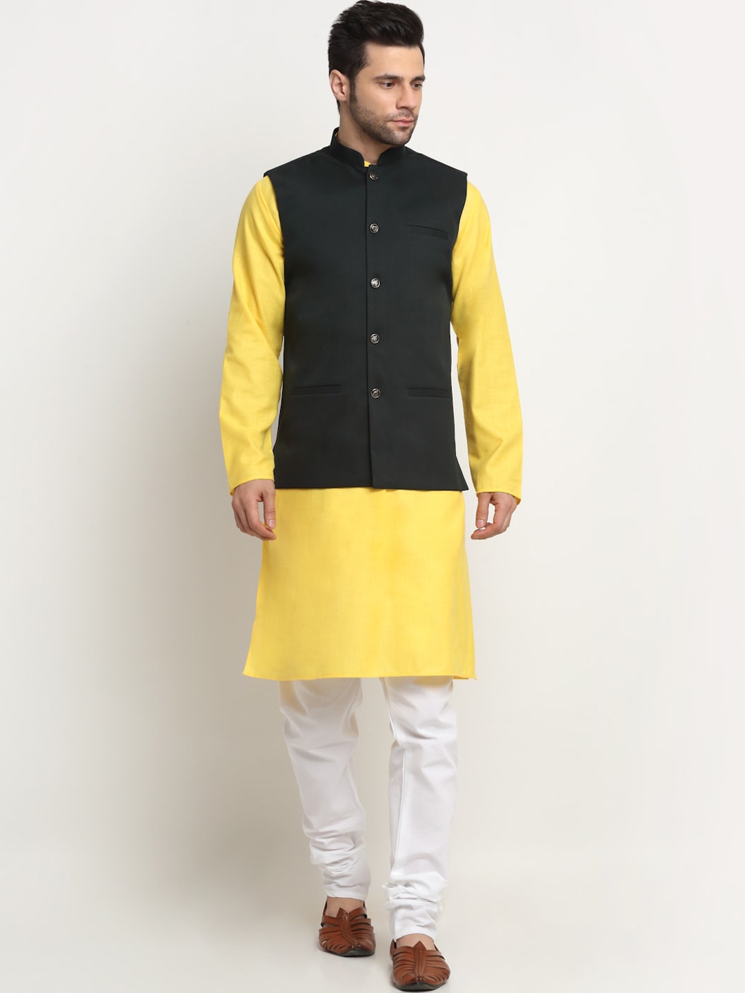 

KRAFT INDIA Regular Kurta with Churidar & Nehru Jacket, Yellow