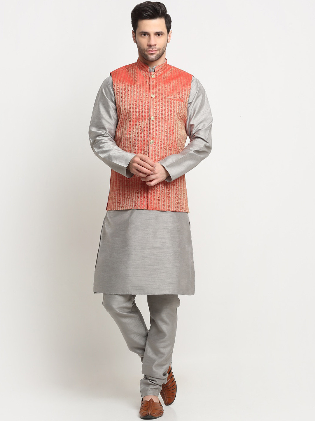 

KRAFT INDIA Regular Kurta & Churidar With Woven Design Nehru Jacket, Silver