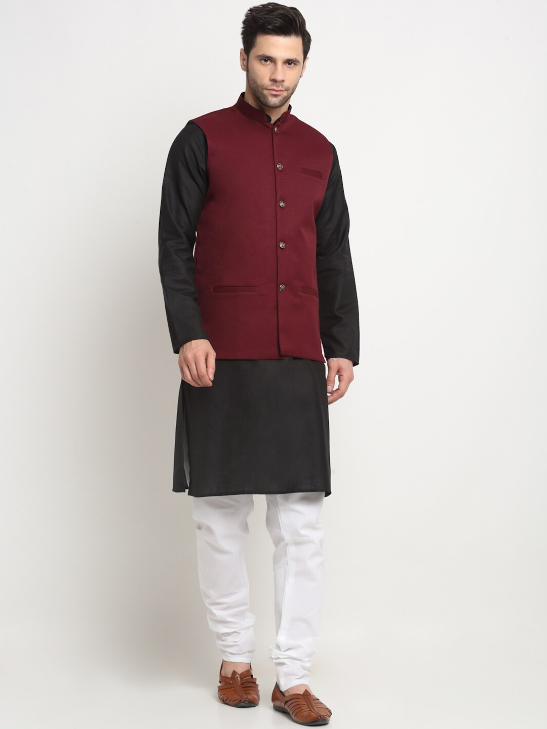 

KRAFT INDIA Mandarin Collar Straight Kurta With Churidar And Nehru Jacket, Black