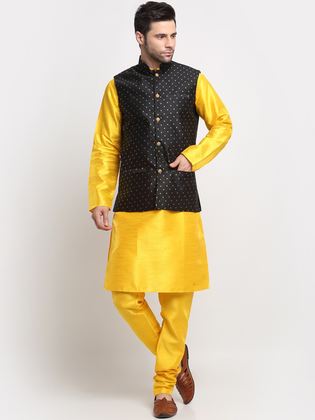 

KRAFT INDIA Regular Straight Kurta & Churidar With Nehru jacket, Yellow