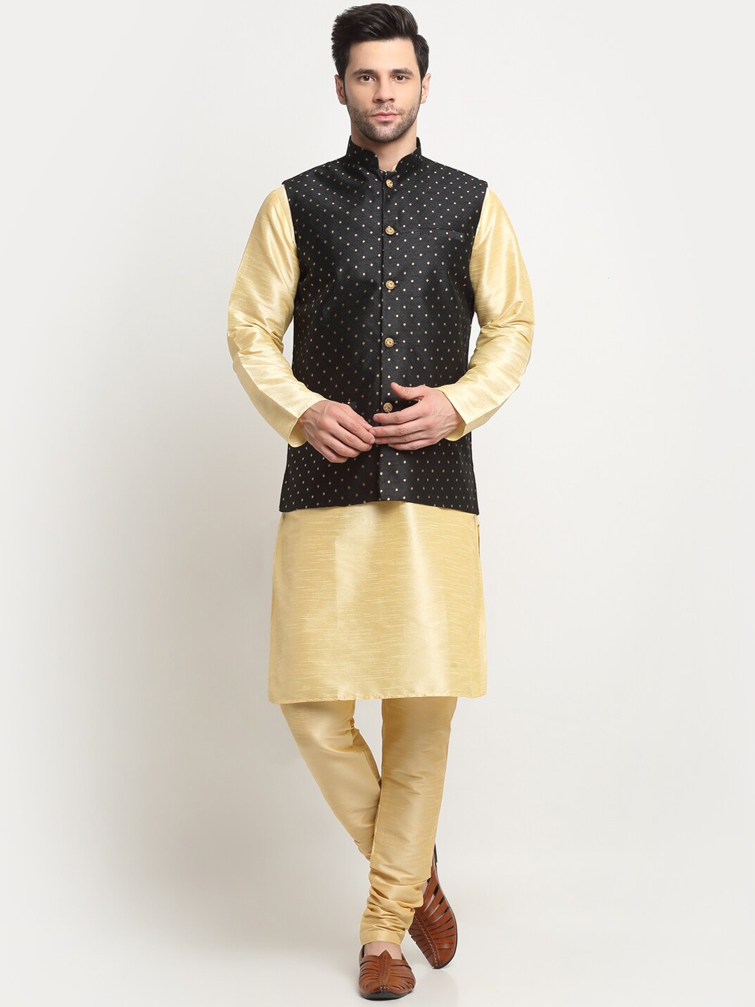 

KRAFT INDIA Solid Kurta with Churidar With Nehru Jacket, Beige