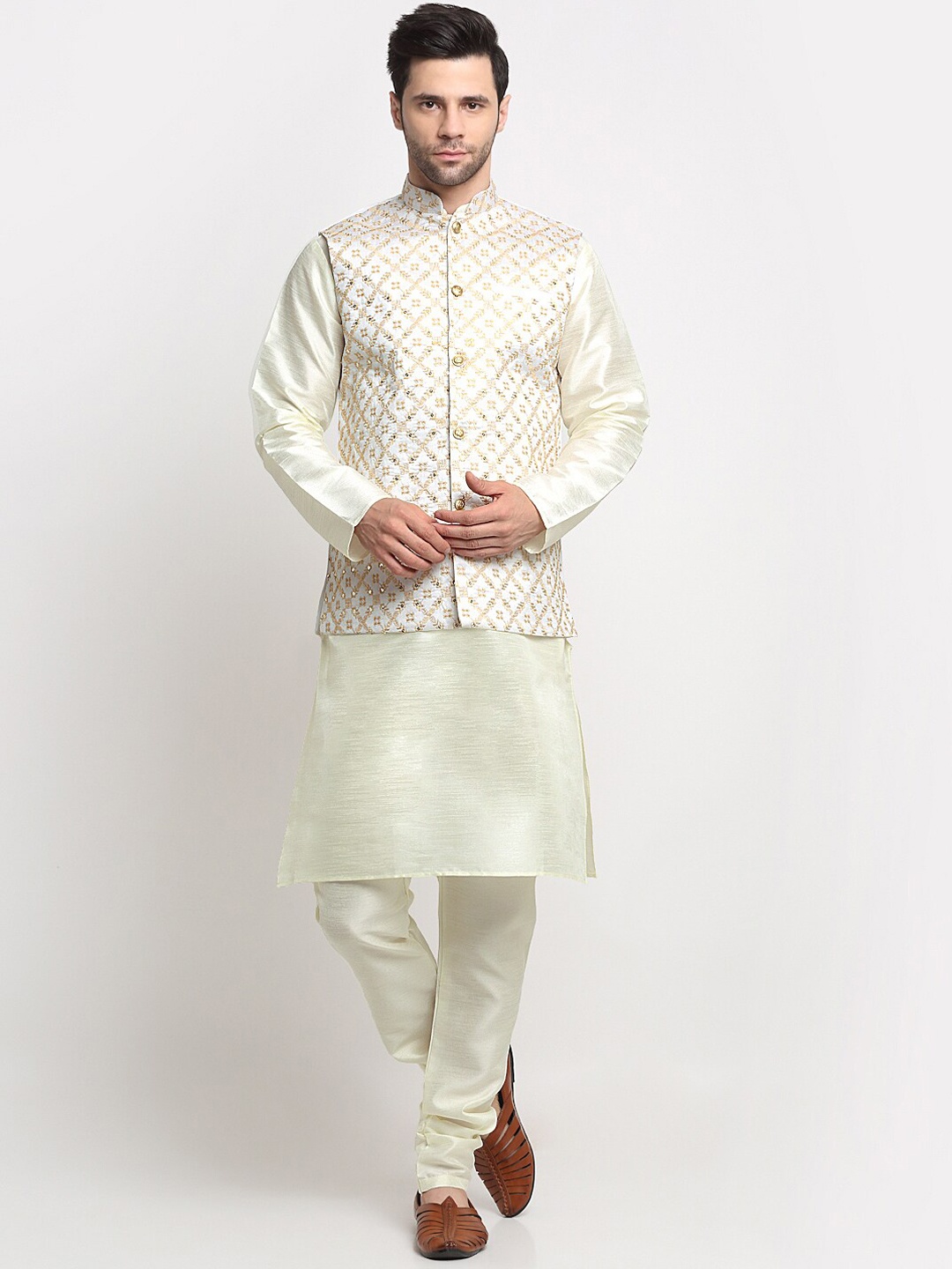 

KRAFT INDIA Embroidered Kurta With Churidar & Nehru Jacket, Cream