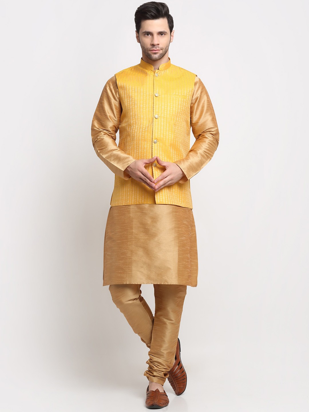 

KRAFT INDIA Mandarin Collar Regular Kurta with Churidar & Woven Design Kurta Set, Gold