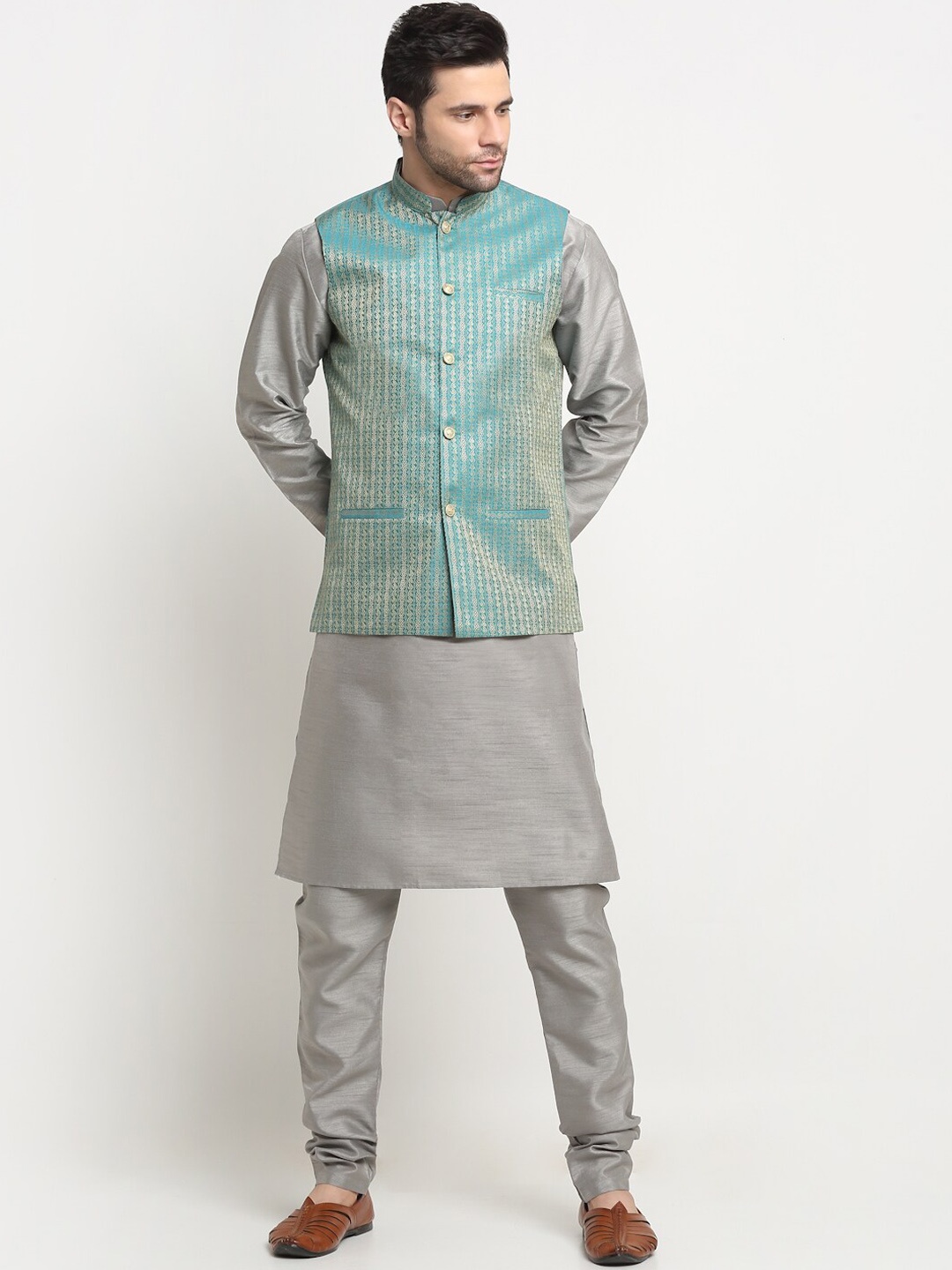 

KRAFT INDIA Regular Pure Silk Kurta With Churidar & Nehru Jacket, Silver