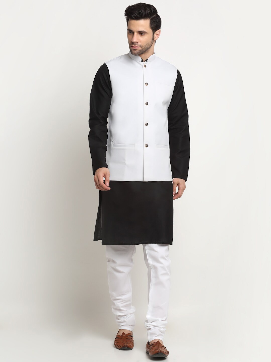 

KRAFT INDIA Mandarin Collar Kurta With Churidar & Nehru Jacket, Black