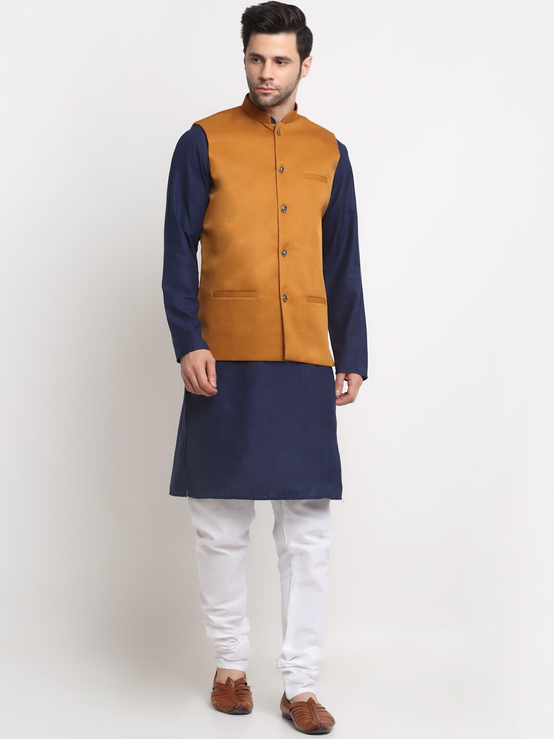 

KRAFT INDIA Mandarin Collar Regular Kurta & Churidar With Nehru Jacket, Navy blue