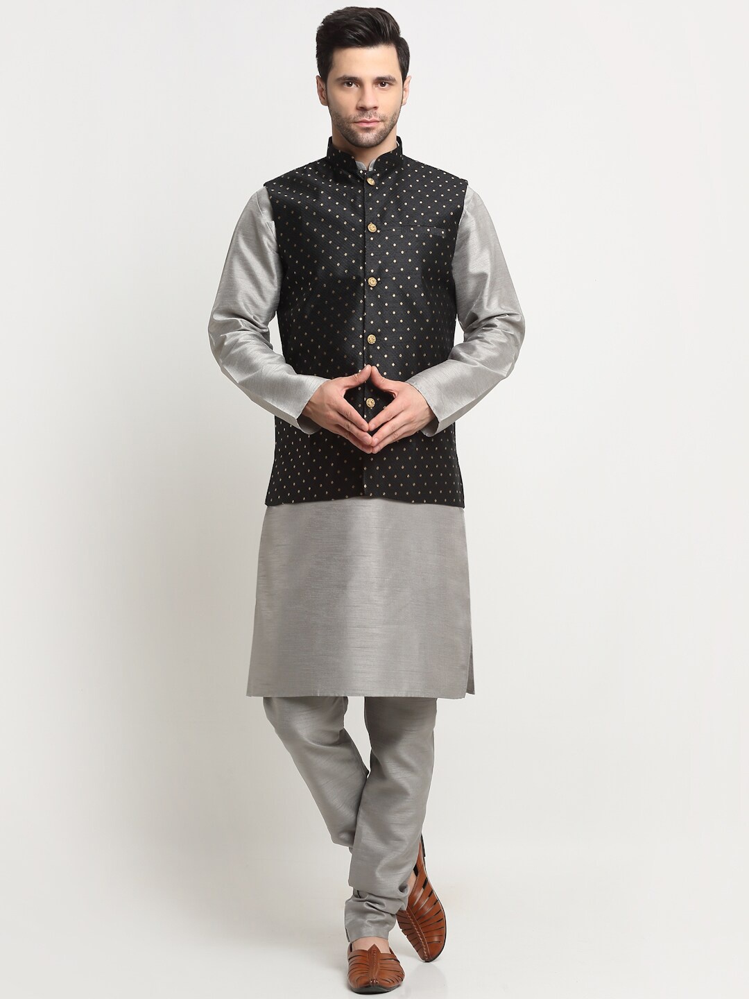 

KRAFT INDIA Men Kurta With Churidar And Polka Dot Nehru Jacket, Silver