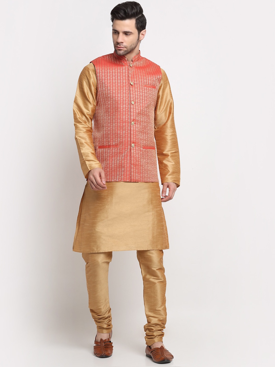 

KRAFT INDIA Gold Toned Regular Kurta & Churidar With Nehru Jacket