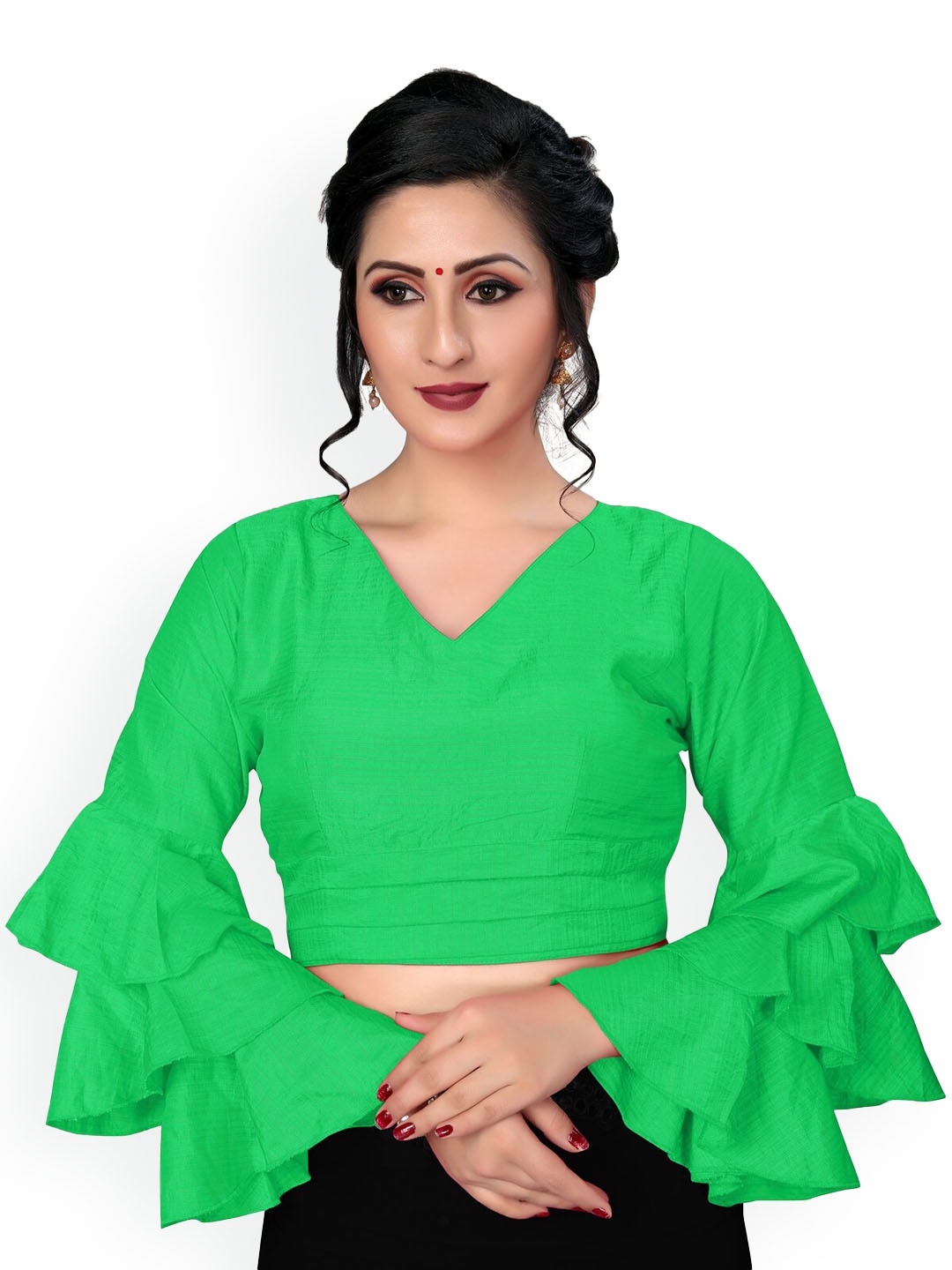 

Fab Dadu Layered Sleeves Silk Saree Blouse, Green