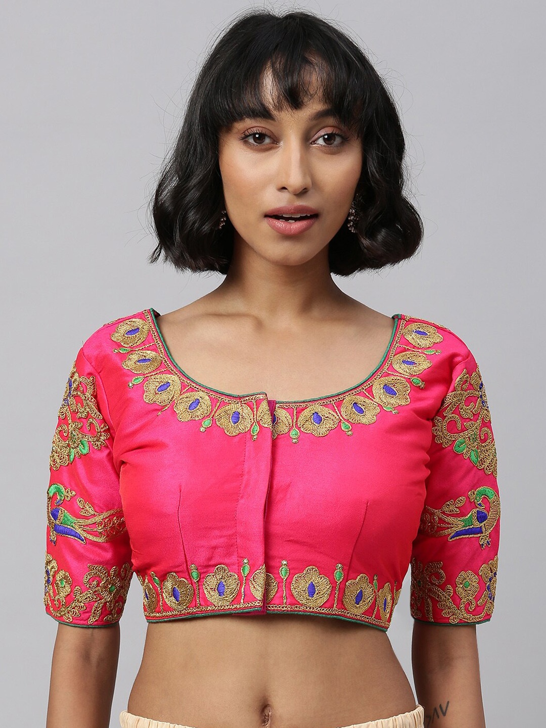 

Fab Dadu Embroidered Thread Work Phantom Silk Saree Blouse, Pink