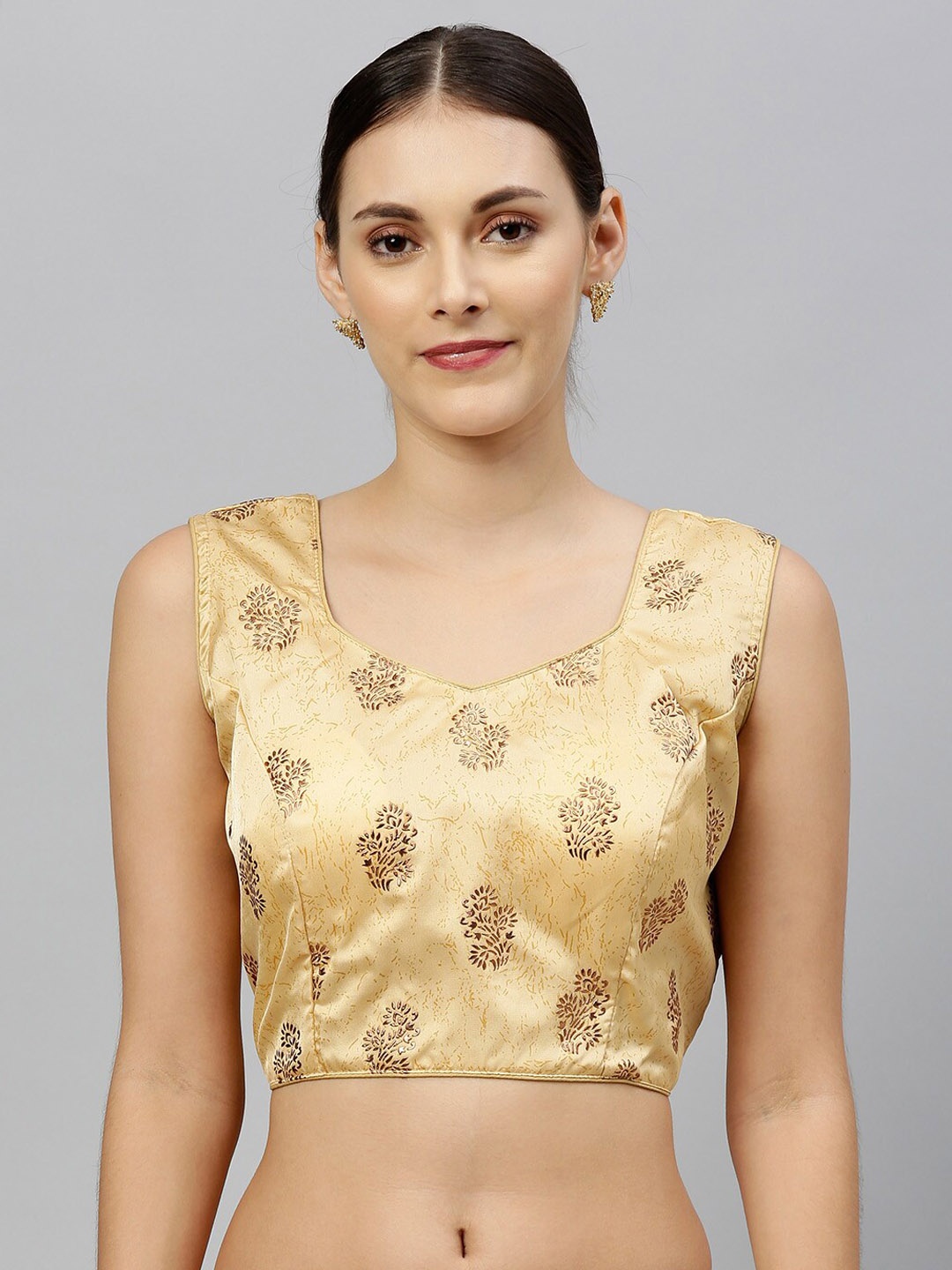 

Fab Dadu Printed V-Neck Sleeveless Silk Saree Blouse, Beige