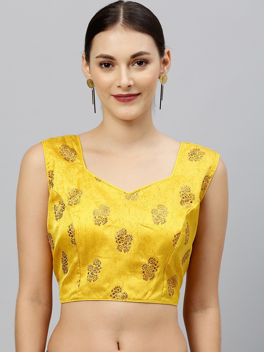 

Fab Dadu Printed Sweetheart Neck Sleeveless Silk Saree Blouse, Yellow