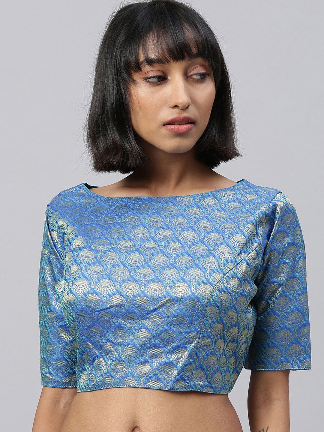 

Fab Dadu Printed Boat Neck Brocade Jacquard Saree Blouse, Blue