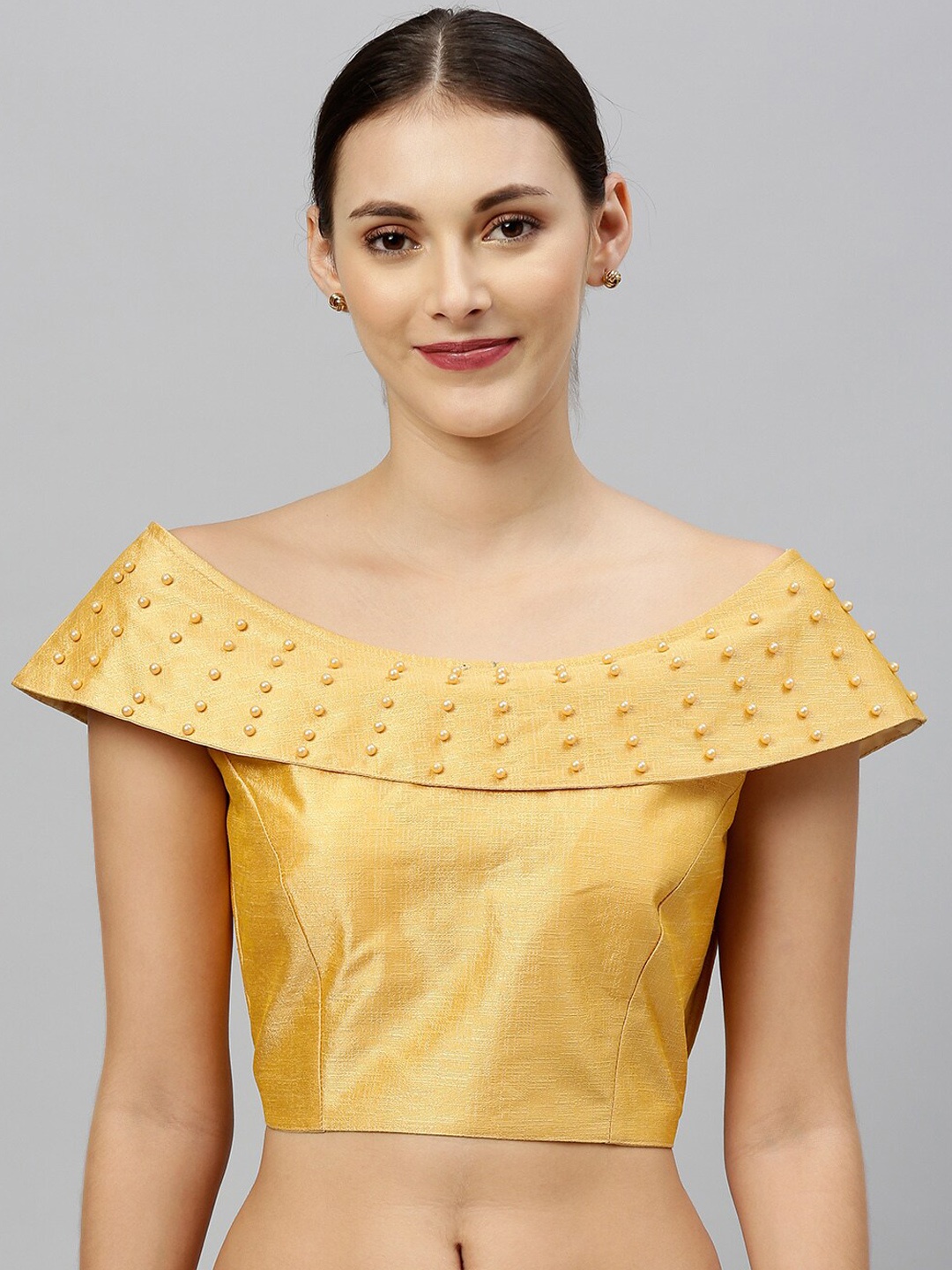 

Fab Dadu Embellished Boat Neck Silk Saree Blouse, Gold