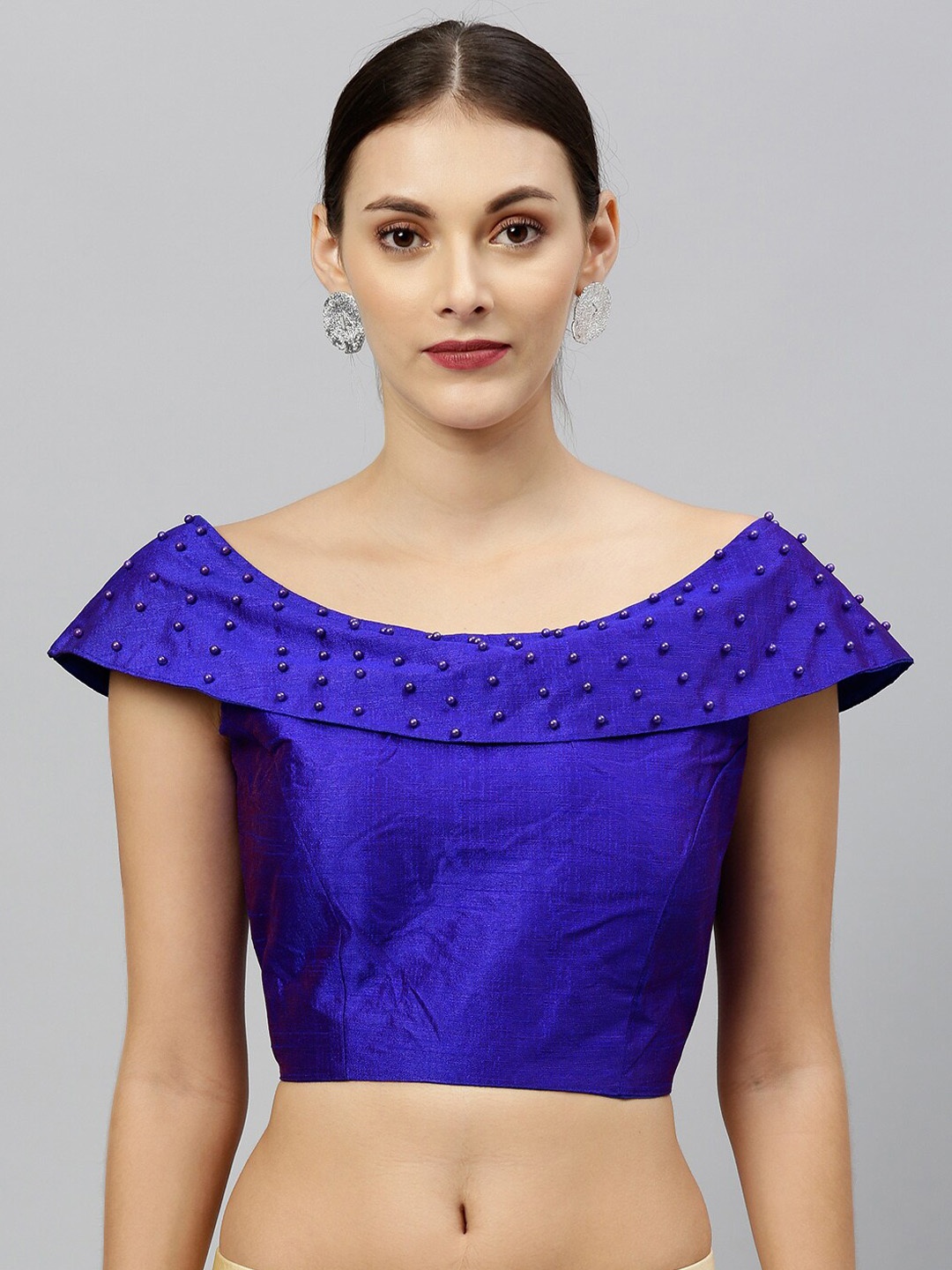 

Fab Dadu Embellished Boat Neck Silk Saree Blouse, Blue