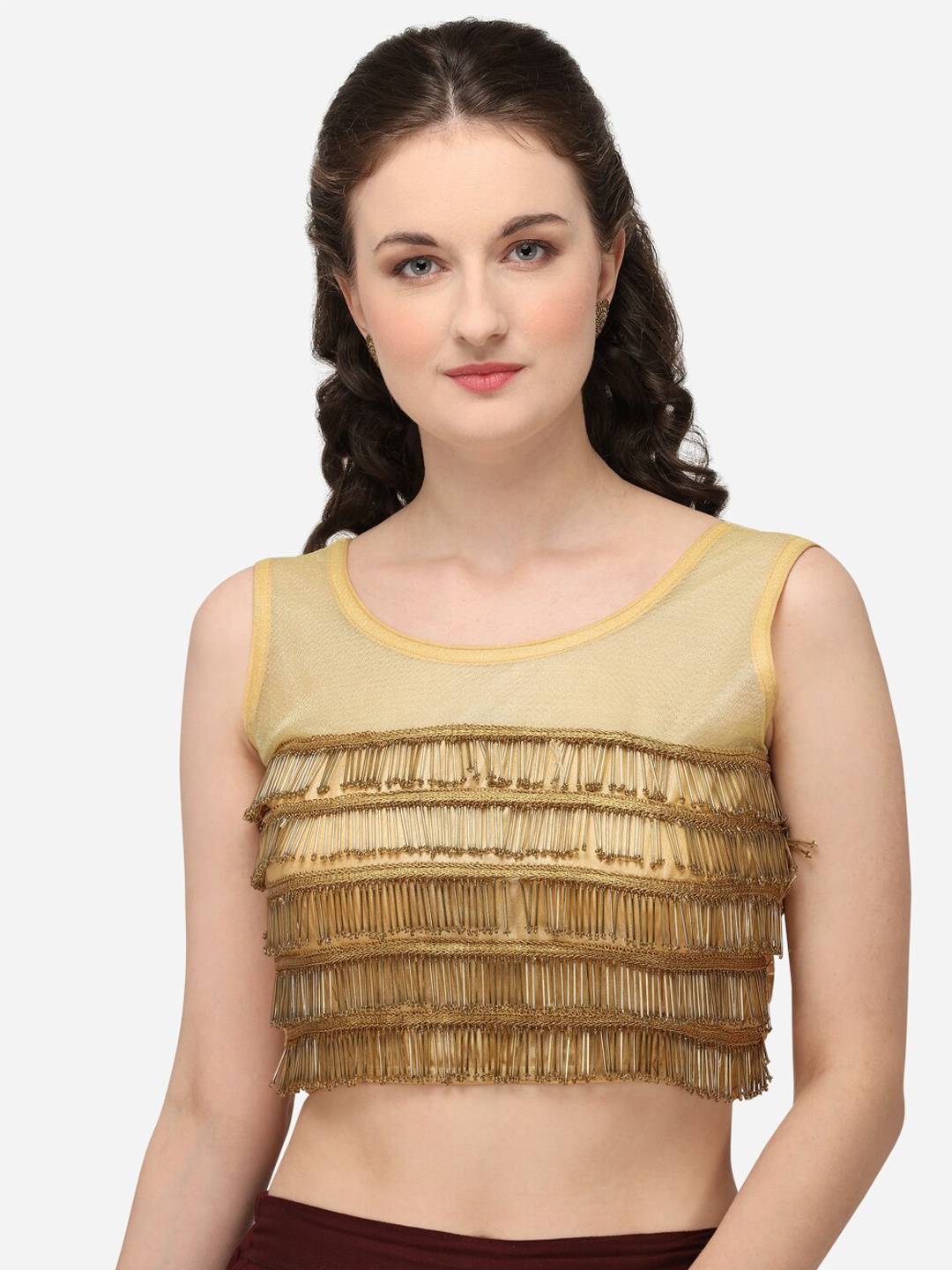 

Fab Dadu Embellished Sleeveless Satin Banglori Saree Blouse, Beige