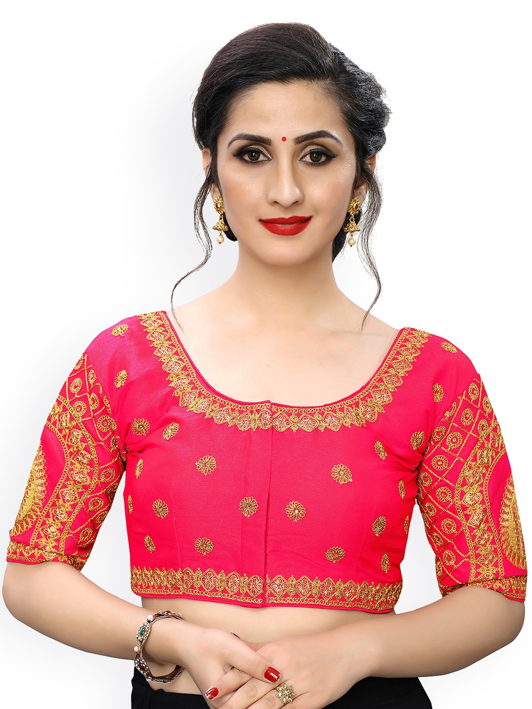 

Fab Dadu Round Neck Embroidered Saree Blouse, Pink