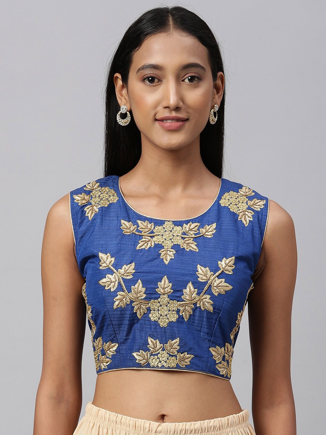 

Fab Dadu Round Neck Embroidered Saree Blouse, Blue