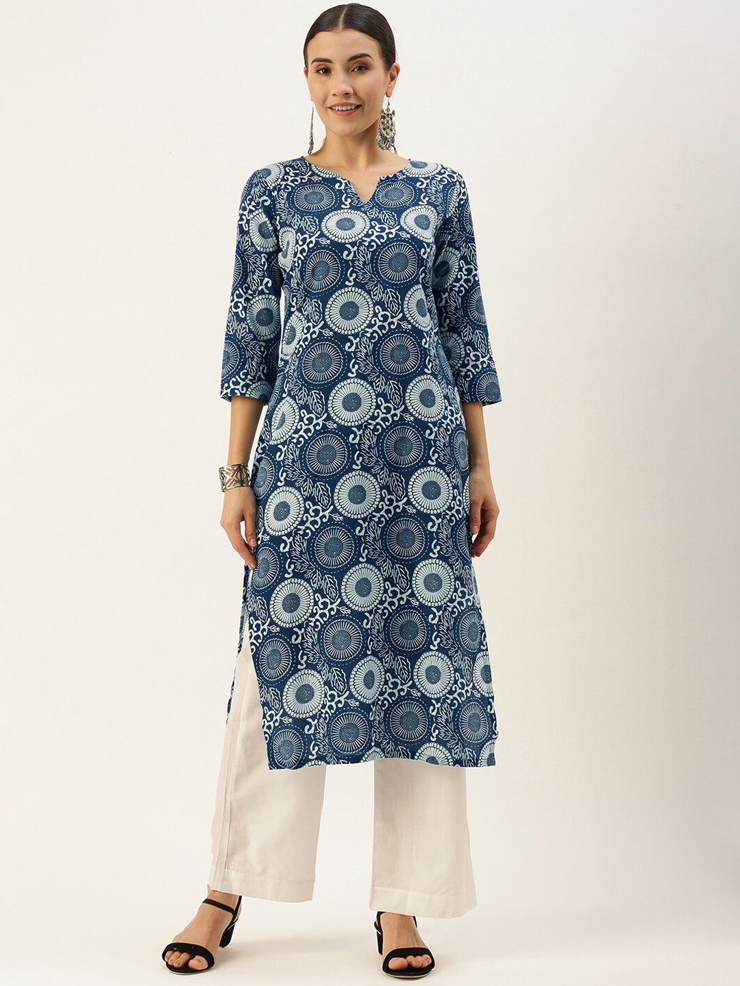 

KALINI Ethnic Printed Regular Pure Cotton Kurta With Palazzos, Navy blue