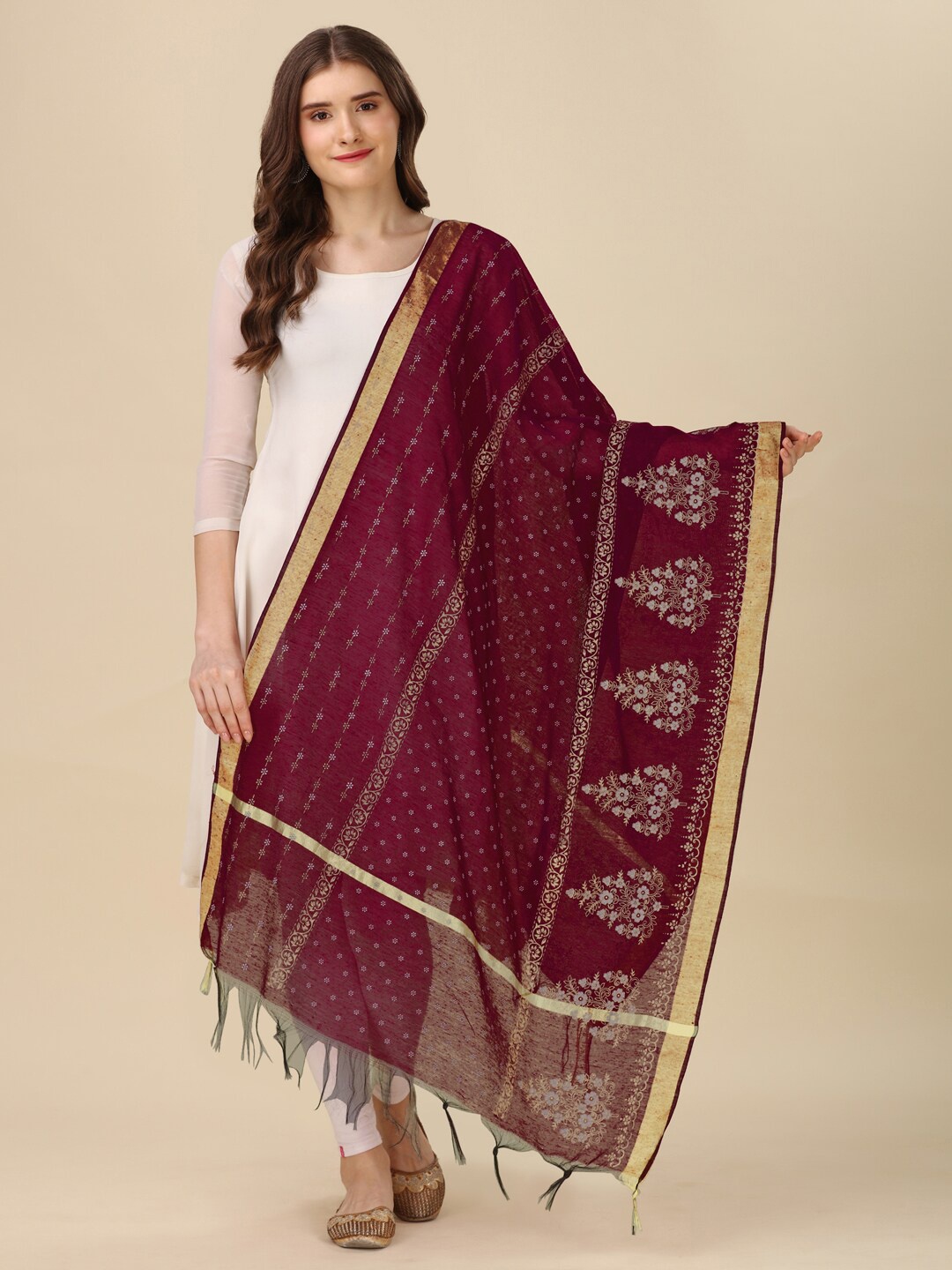 

ORUS Ethnic Motifs Printed Dupatta with Tasselled Border, Magenta
