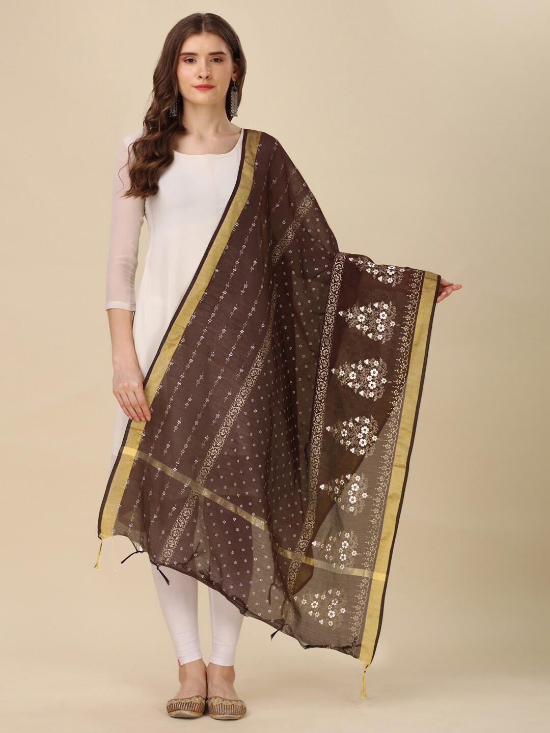 

ORUS Ethnic Motifs Printed Dupatta with Tasselled Border, Brown