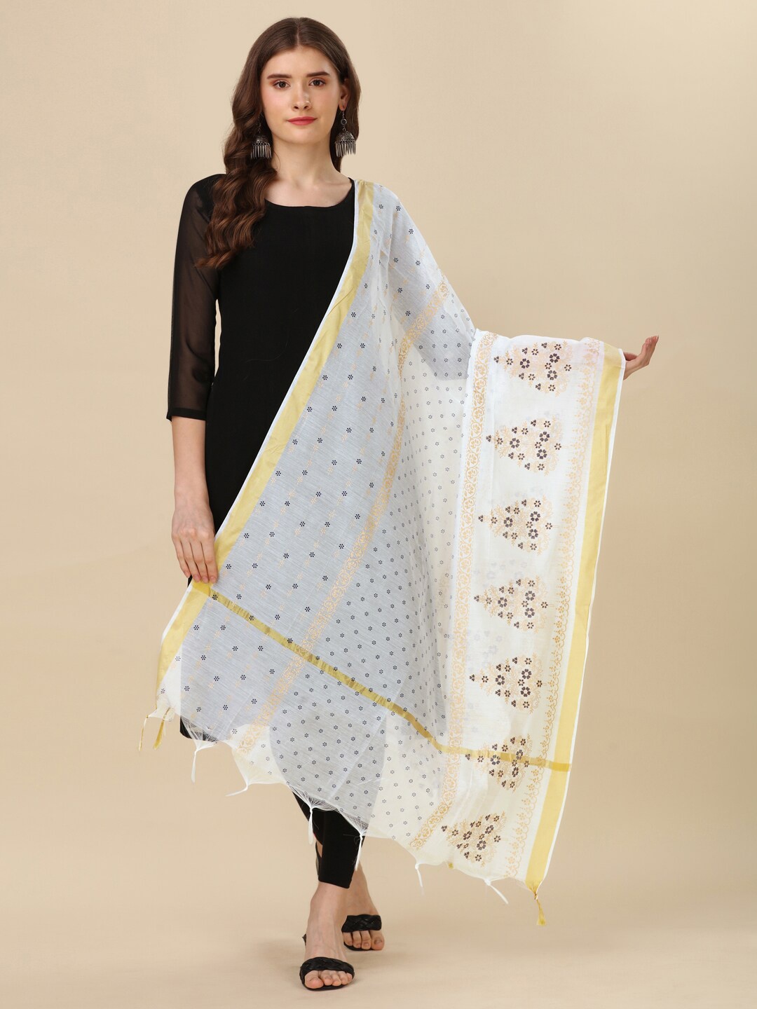 

ORUS Ethnic Motifs Printed Dupatta with Tasselled Border, White