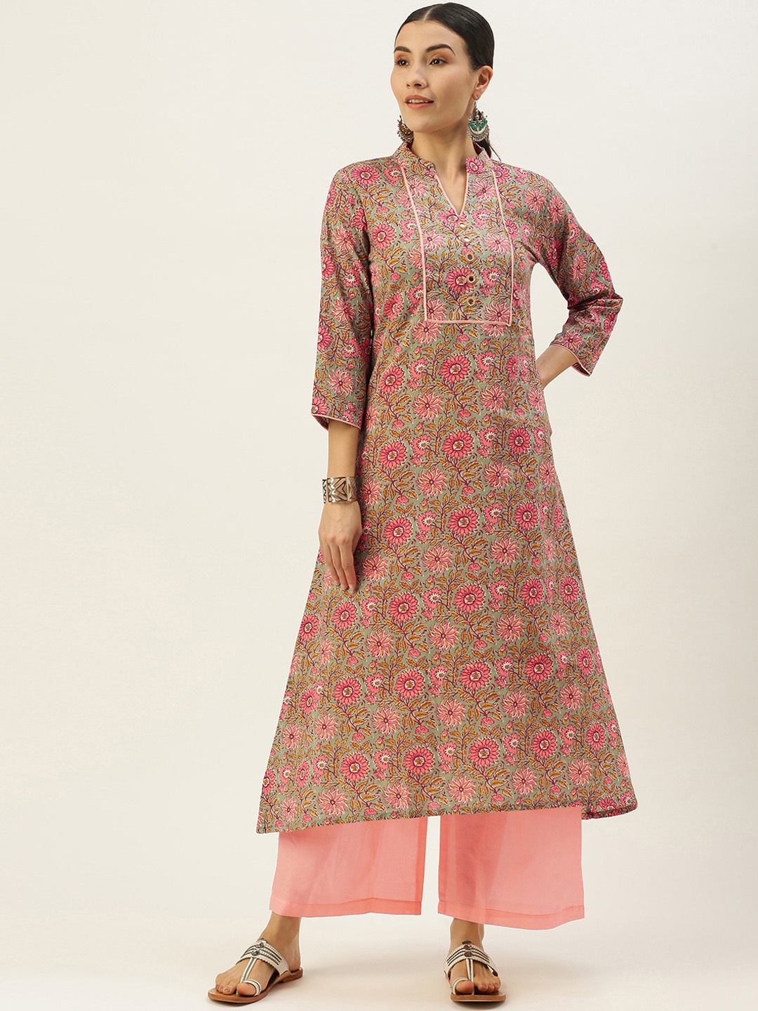 

Saanjh Green & Pink Floral Printed Pure Cotton Kurta With Palazzos