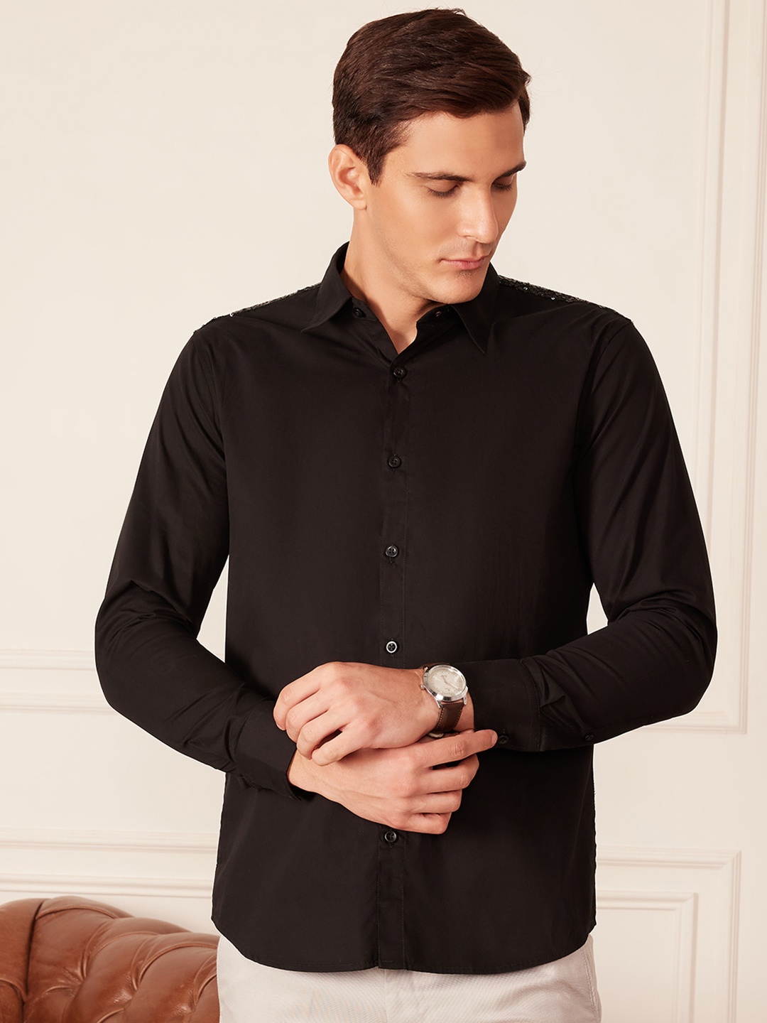 

DENNISON Seqinned Shoulder Smart Opaque Party Shirt, Black