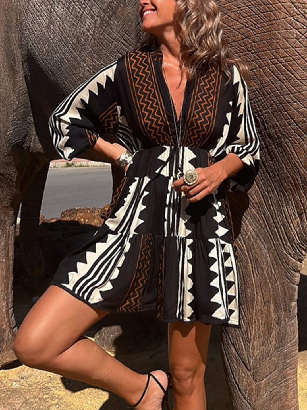 

BoStreet Black & white Bohemian Puff Sleeves Fit & Flare Dress