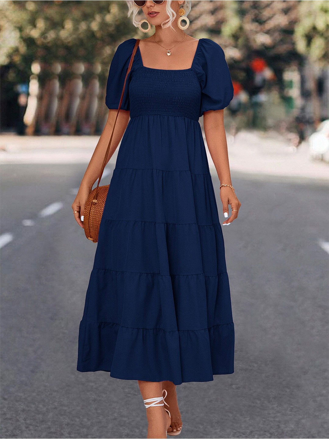

BoStreet Navy Blue Solid Puff Sleeve Fit & Flare Tiered Dress