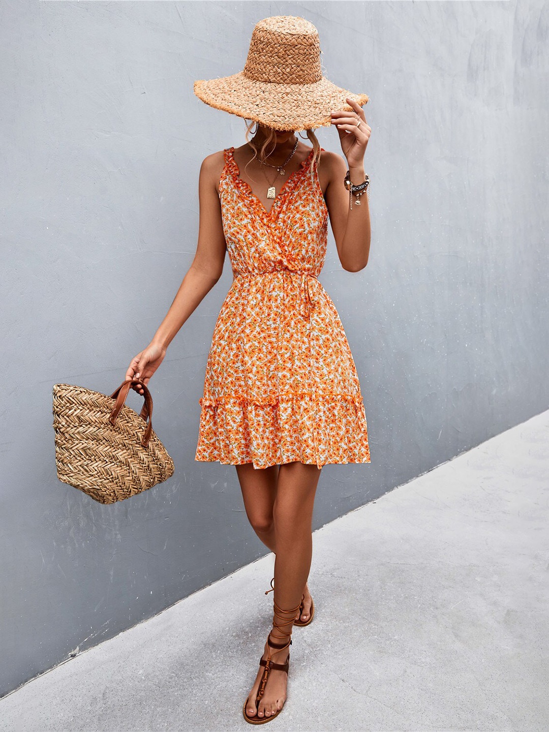

BoStreet Orange Floral Printed Shoulder Straps Fit & Flare Dress