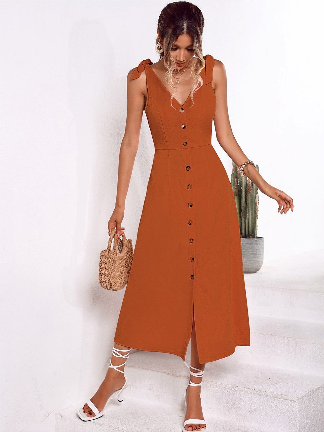 

BoStreet Rust Orange V-Neck A-Line Midi Dress