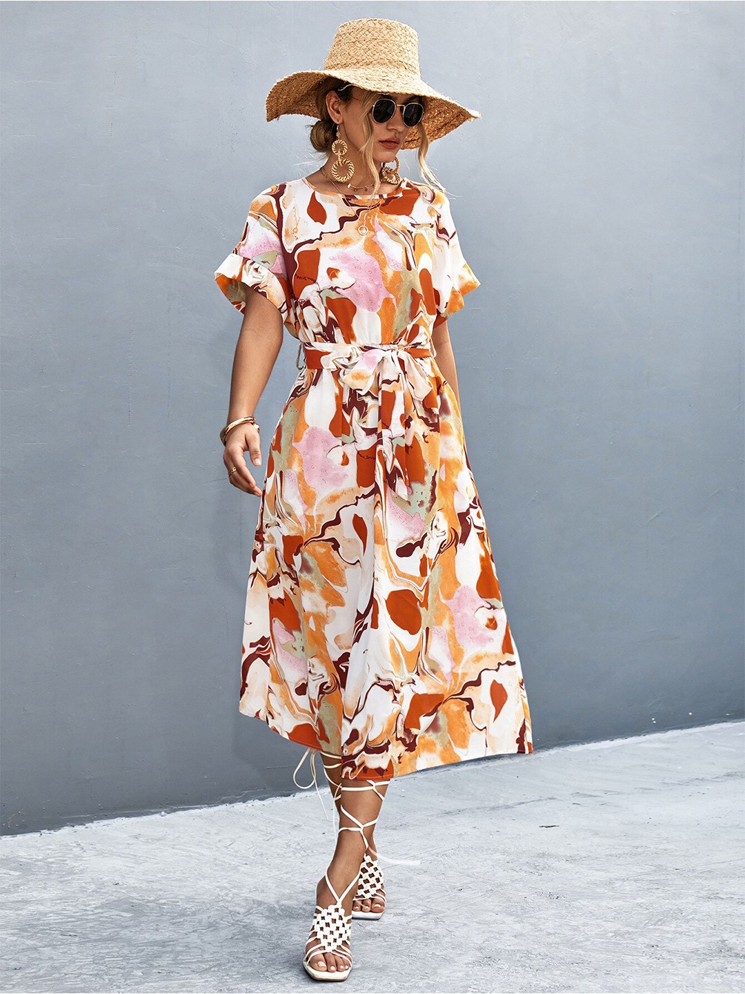 

StyleCast Orange Abstract Print Extended Sleeve Fit & Flare Midi Dress