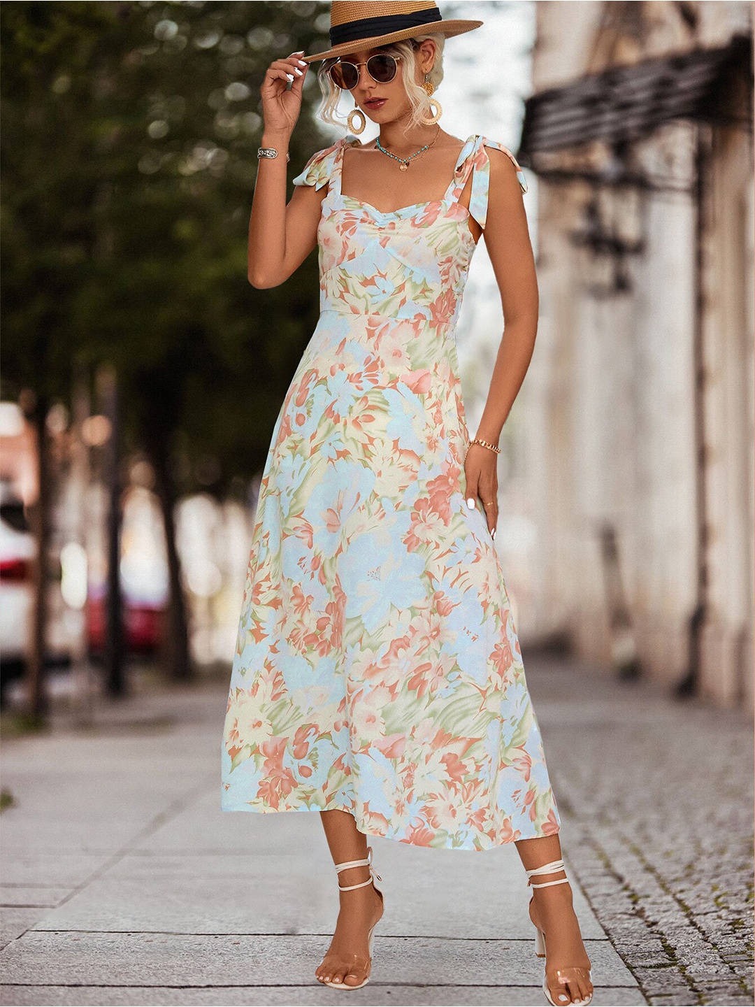 

BoStreet Beige Floral Print A-Line Midi Dress