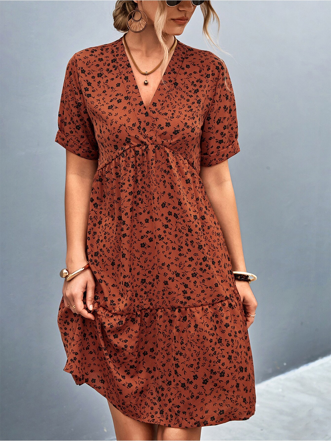 

StyleCast Brown Floral Printed Tiered A-Line Dress