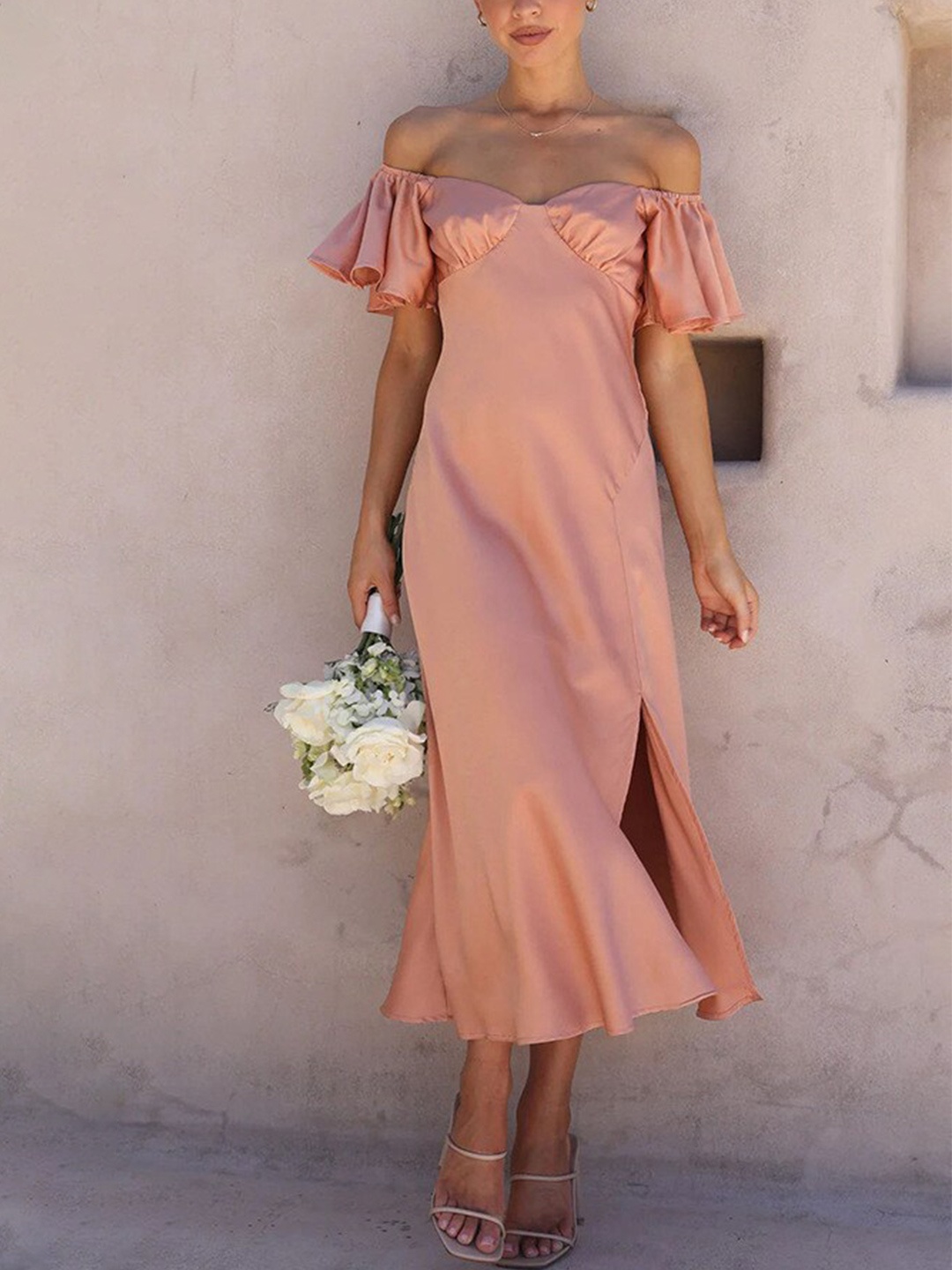 

StyleCast Pink Off-Shoulder Flutter Sleeves A-Line Midi Dress